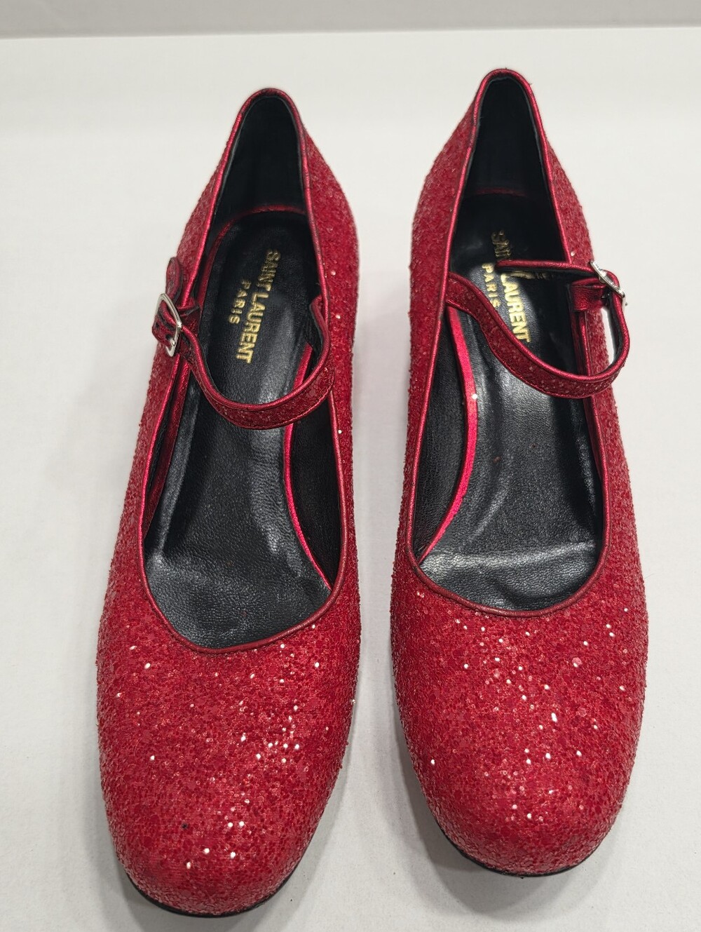 SAINT LAURENT RED PINK GLITTER MARY JANE BLOCK HEEL PUMPS SHOES WOMENS SIZE 41